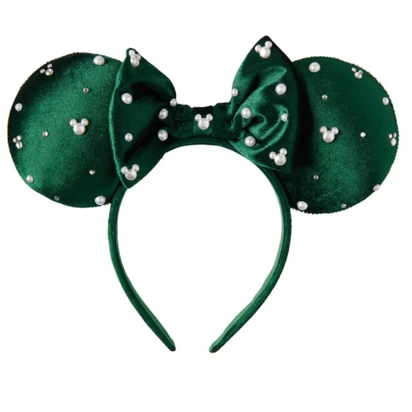 Disney Accessories - NWT Aldi x Disney Minnie Mouse Christmas Ears Headband Green Velvet & Faux Pearl